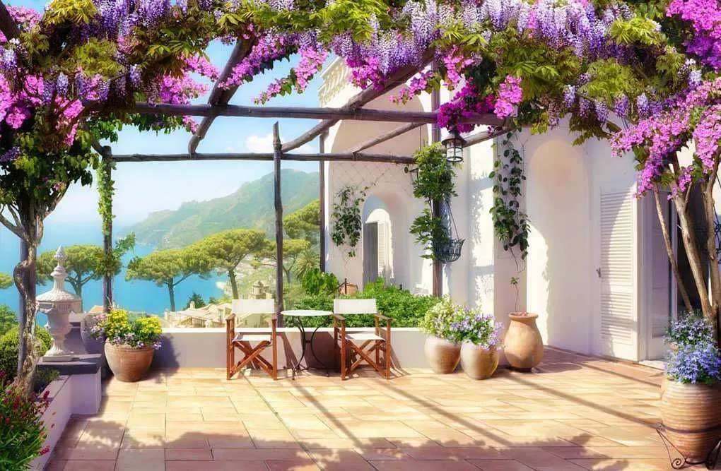 Фотообои в интерьере сиреневые цветы на террасе  17-0120 фото