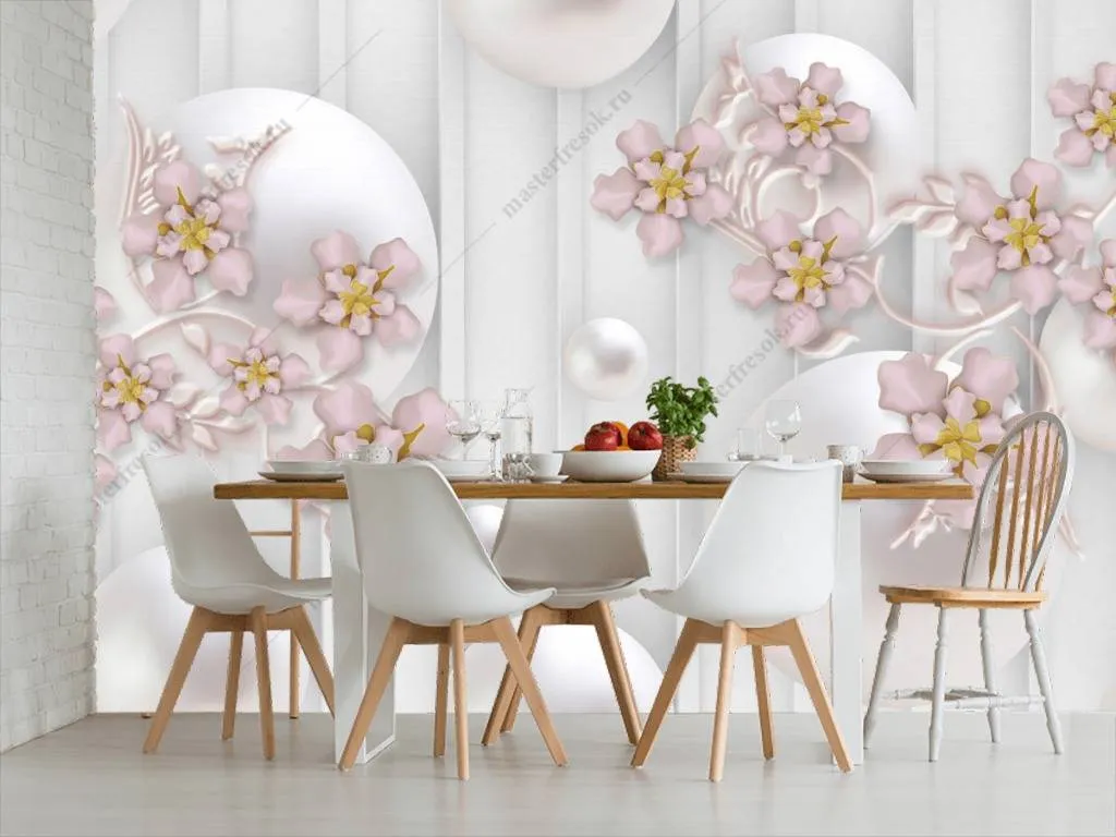 Фотообои в интерьере 3д шары и цветы  10-634 фото