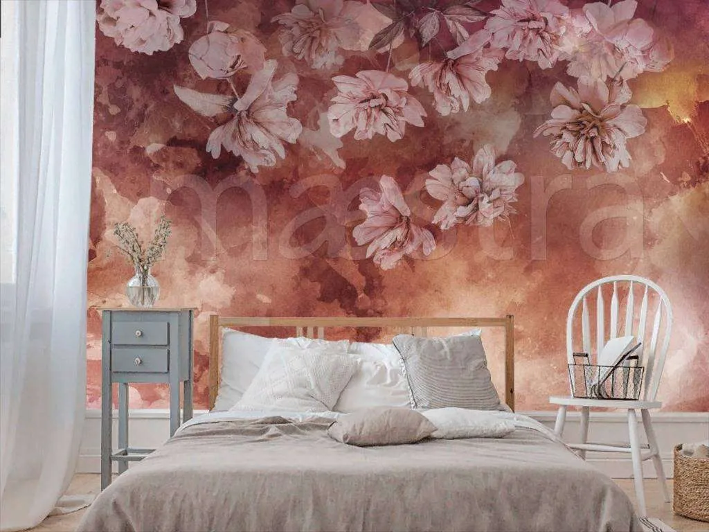 Фотообои в интерьере цветы 3 д в красном тумане  7-794 фото