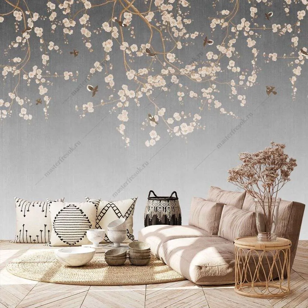 Фотообои в интерьере веточка сакуры и птицы  9-1481 фото