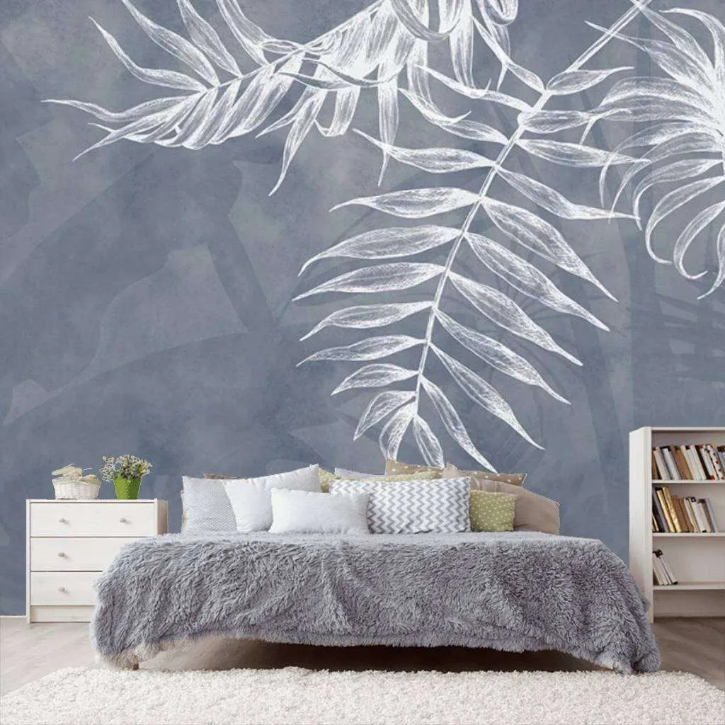 Фотообои в интерьере 3д узор белые тропические листья  15-472 фото