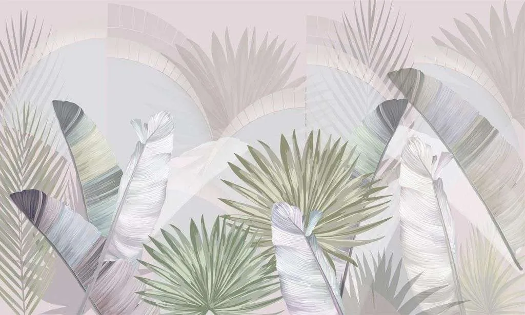 Фотообои в интерьере пастельные тропические листья  14-547 фото