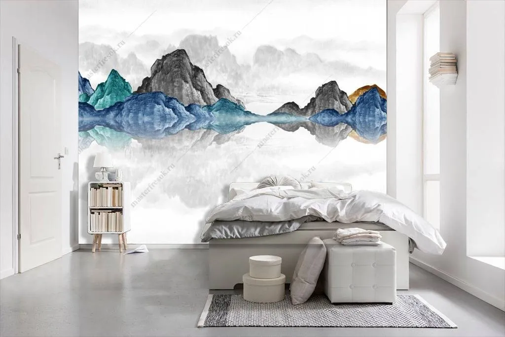 Фотообои в интерьере горы в тумане синие  10-693 фото