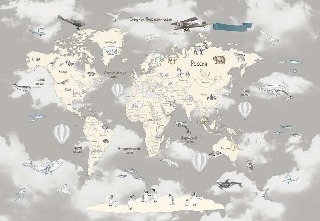 Фотообои в интерьере белая карта с названиями стран  14-282 фото