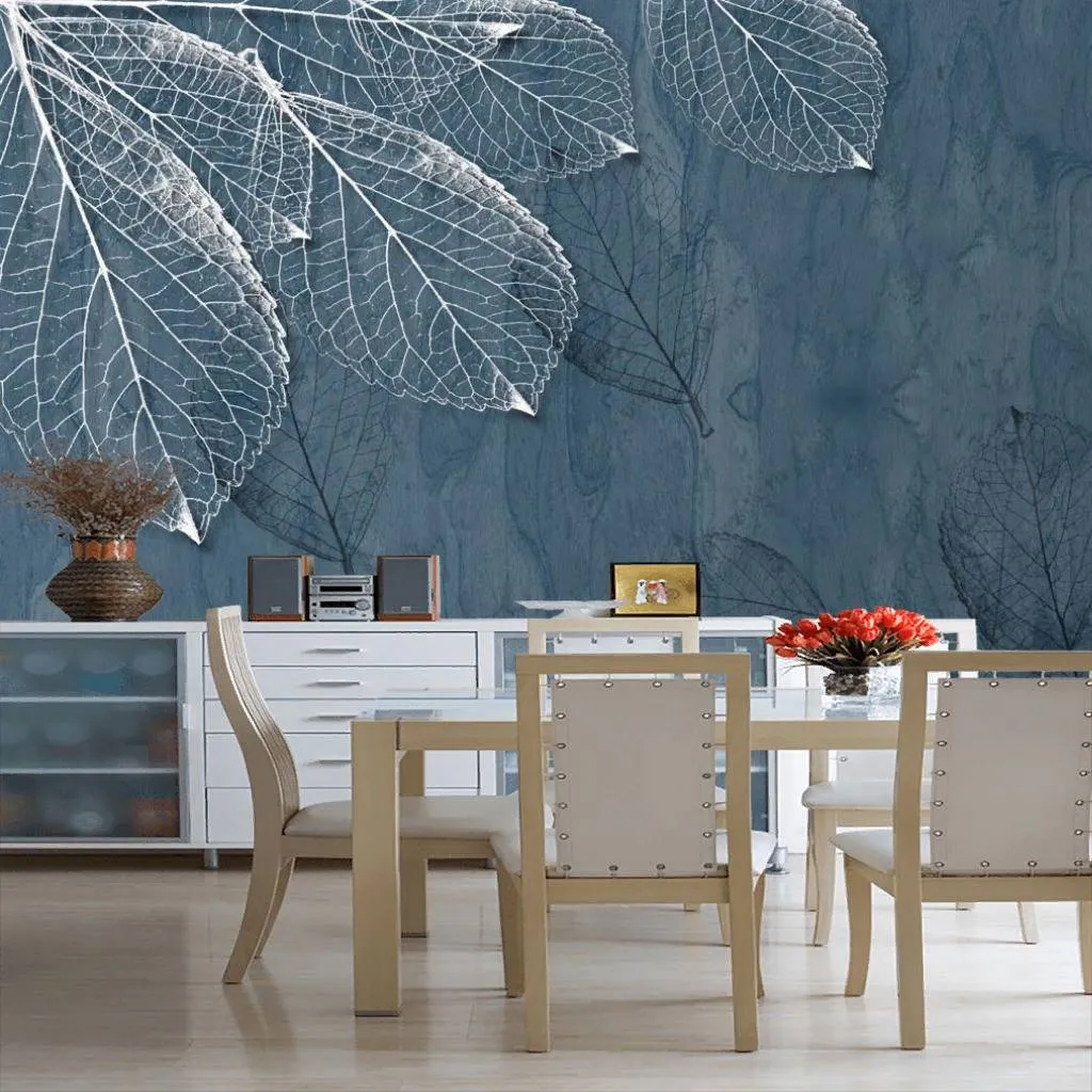 Фотообои в интерьере золотые листья на синем фоне  10-841 фото