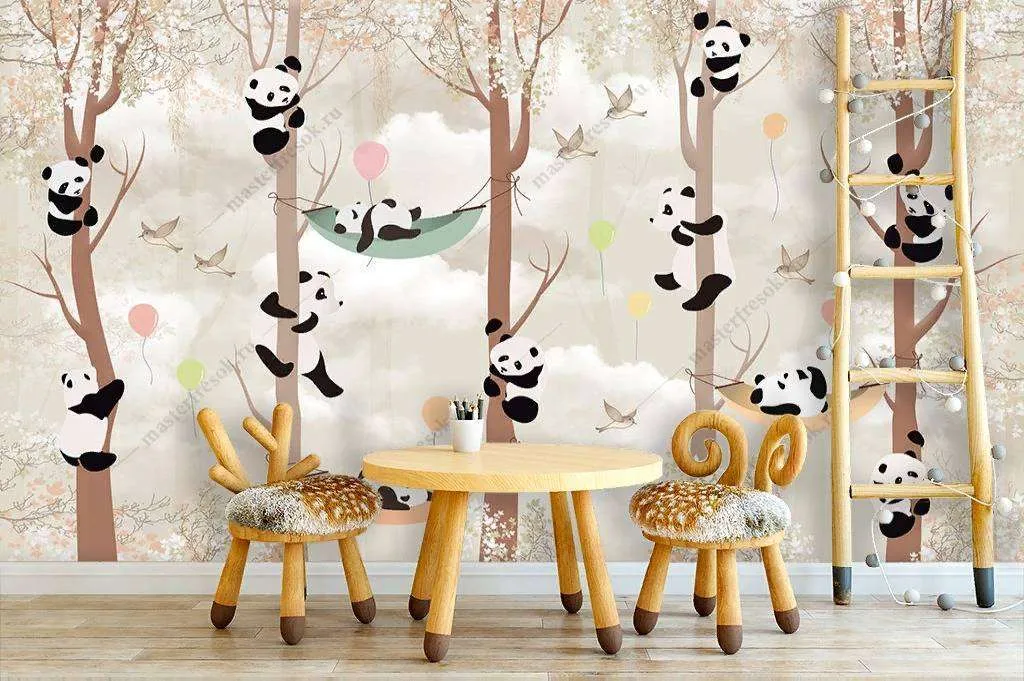 Фотообои в интерьере веселые панды  12-868 фото