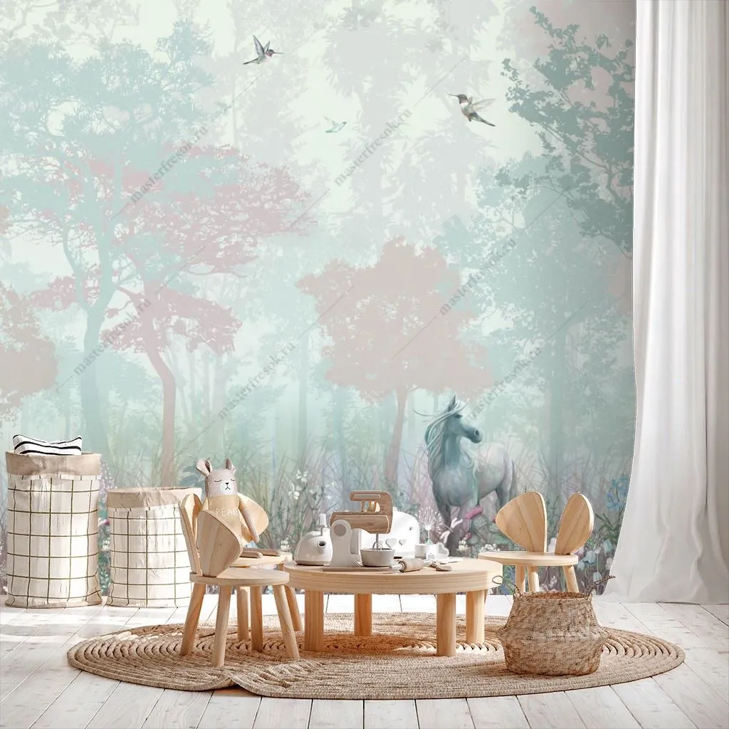 Фотообои Лошадка в туманном лесу  12-1314