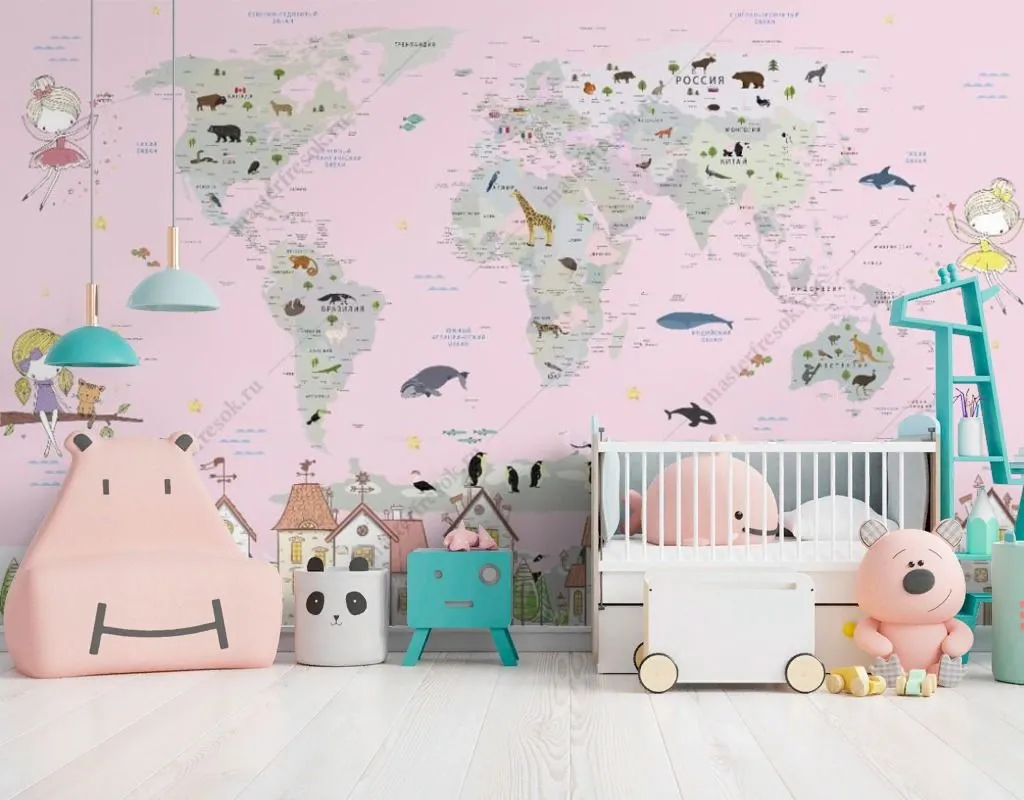 Фотообои в интерьере розовая карта с городком  14-539 фото