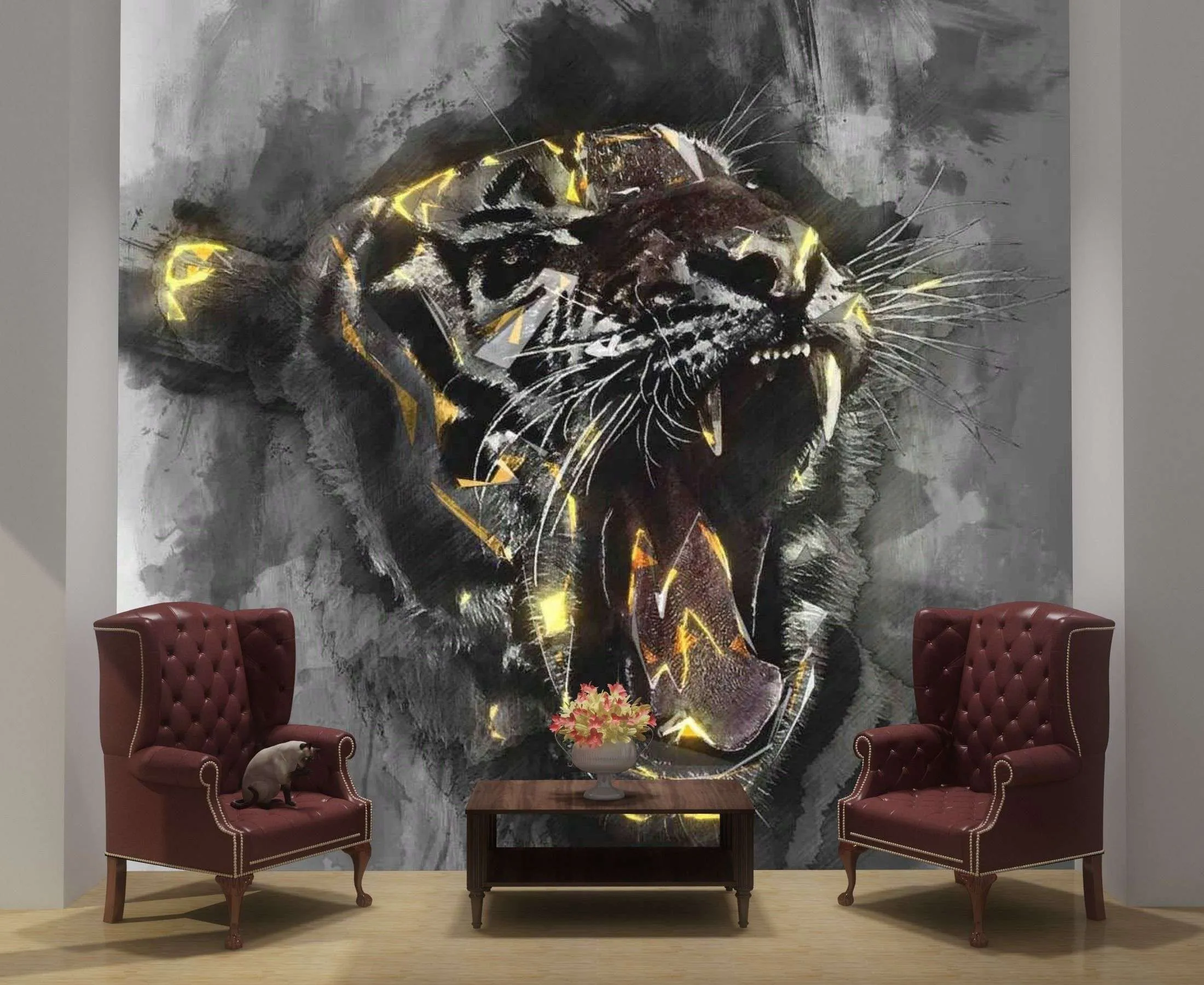 Фотообои в интерьере оскал золотого тигра  17-4295 фото