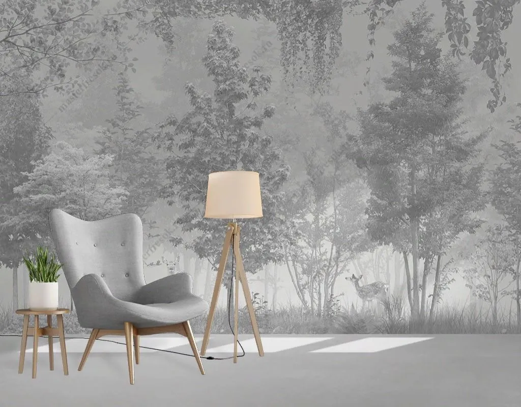 Фотообои в интерьере серый лиственный лес с оленями  9-1828 фото