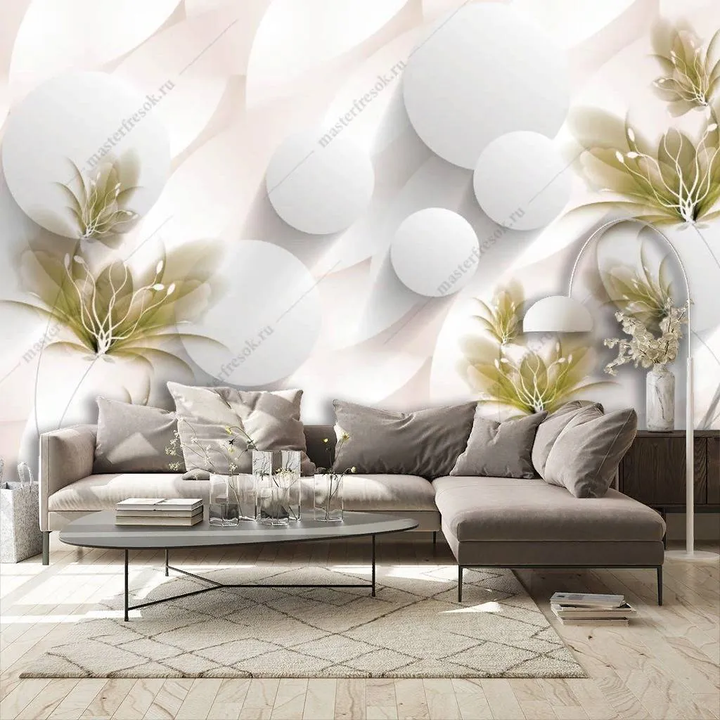 Фотообои в интерьере 3d белый фон с цветами  10-835 фото
