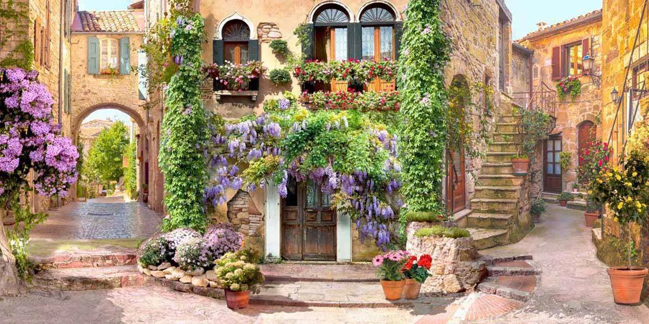 Фотообои в интерьере улочки с цветами в старом городе  7-308 фото