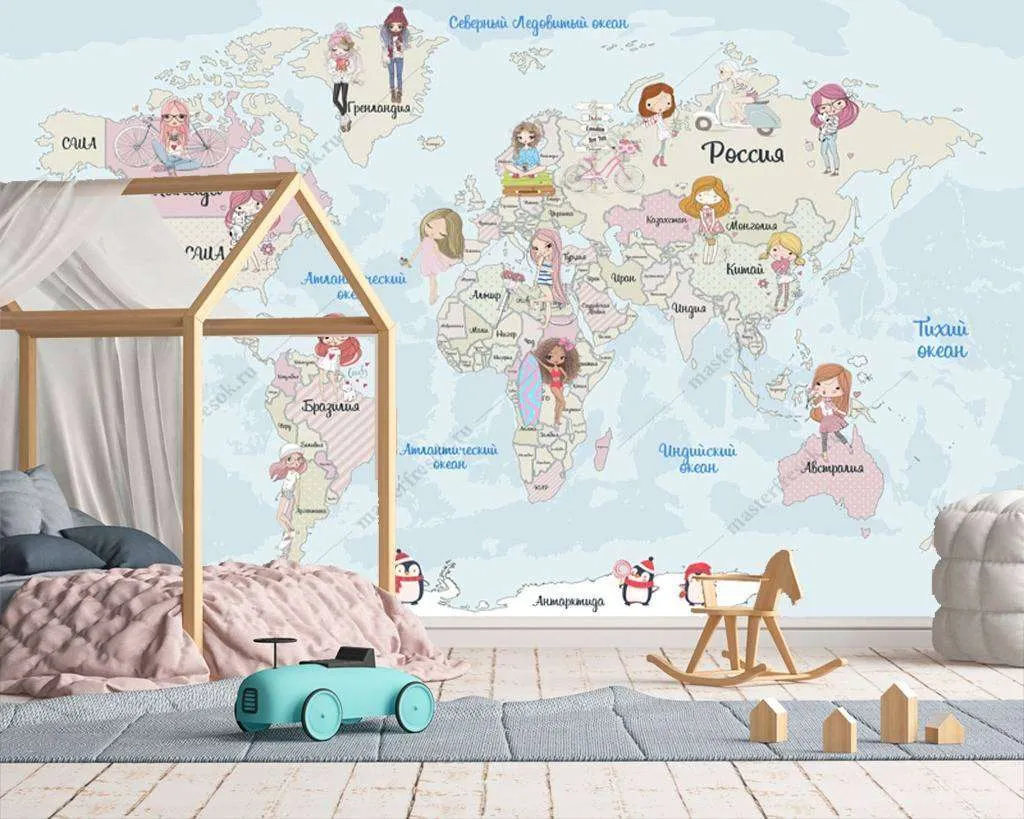 Фотообои в интерьере карта с девочками  12-994 фото