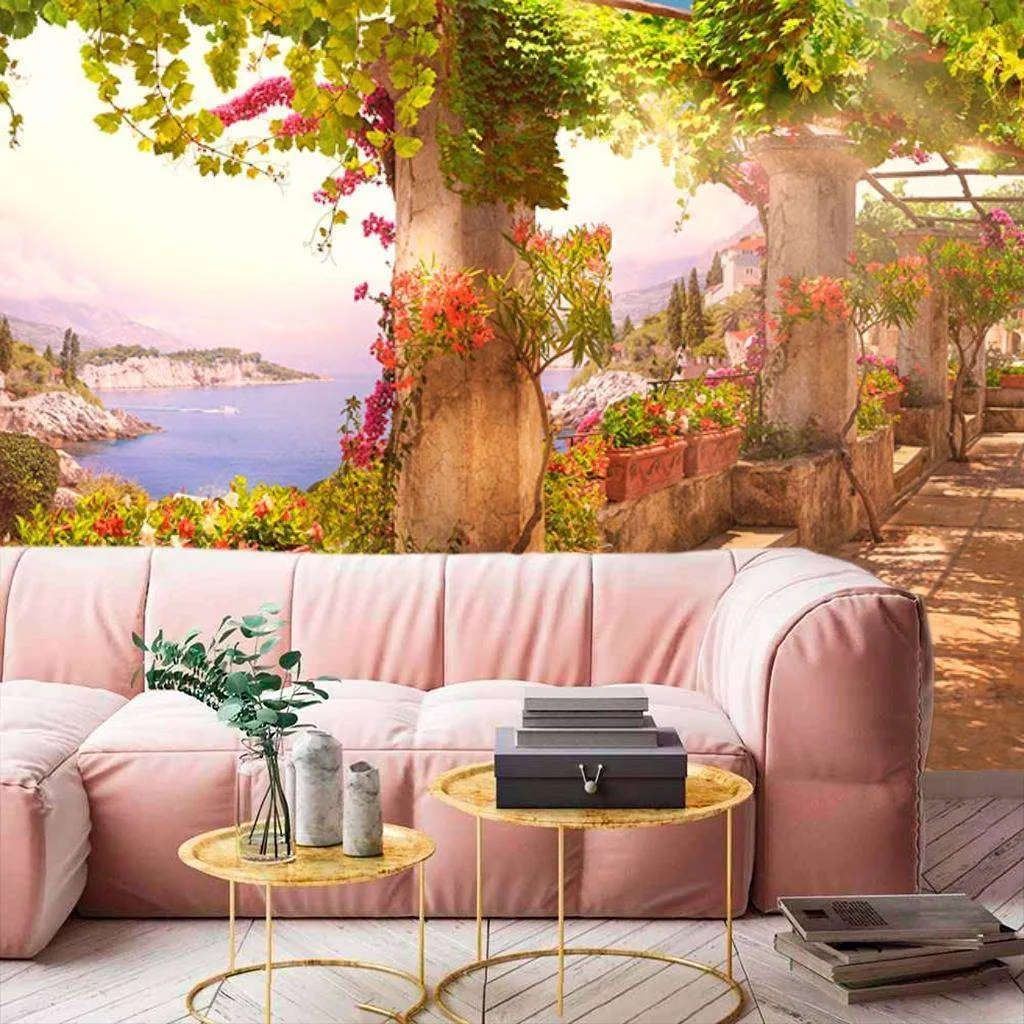 Фотообои в интерьере пейзаж с колоннами и цветами  7-217 фото