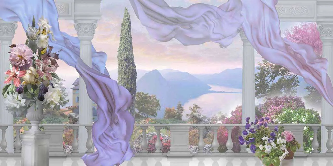 Фотообои в интерьере терраса с балконом и вазой  7-756 фото