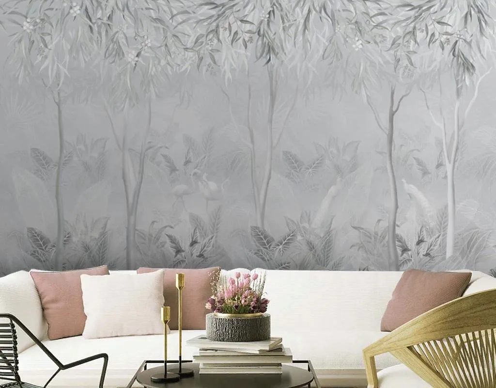 Фотообои в интерьере в спальню лес серый   13-682 фото
