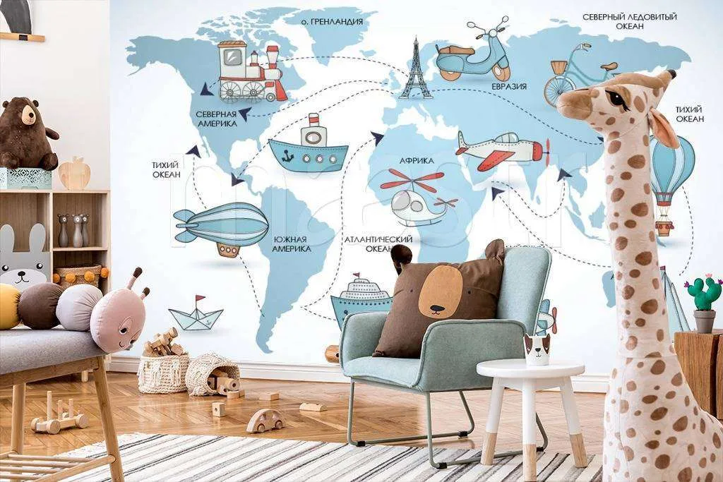 Фотообои в интерьере детская карта с кораблями на голубом фоне  12-399 фото