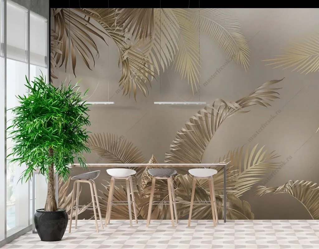 Фотообои в интерьере золотые пальмовые ветви  9-1743 фото