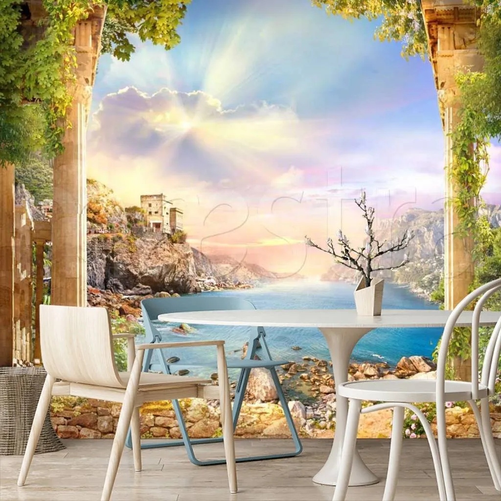 Фотообои в интерьере лучи солнца в морской бухте  11-116 фото