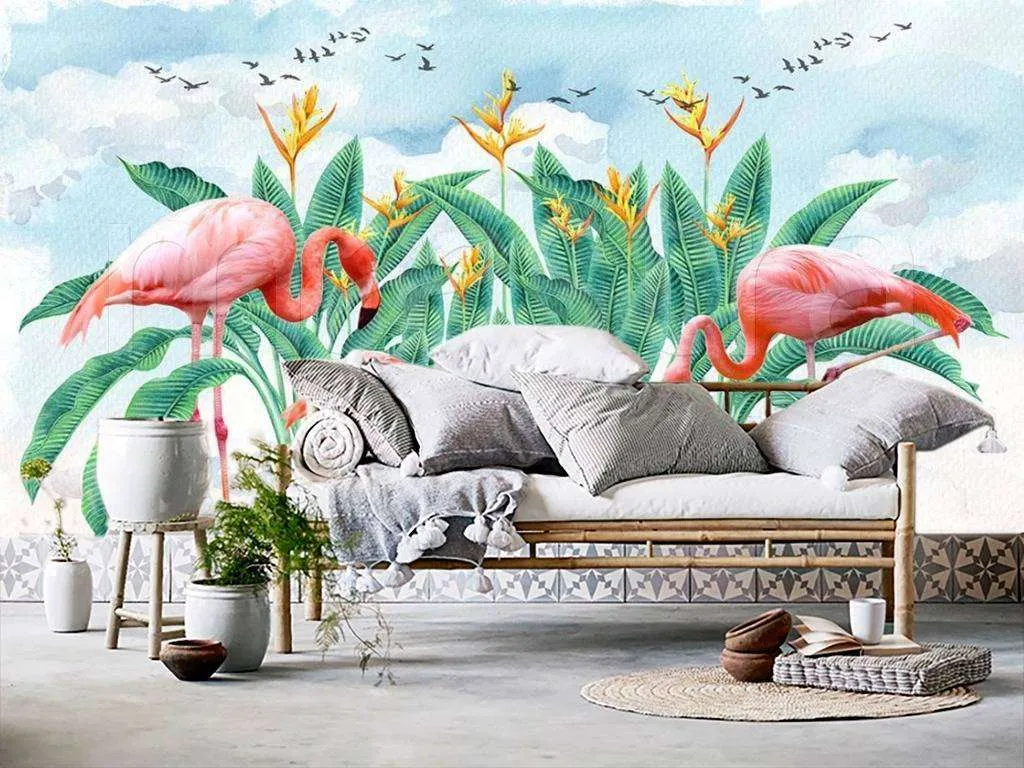 Фотообои в интерьере фламинго в листьях  15-517 фото