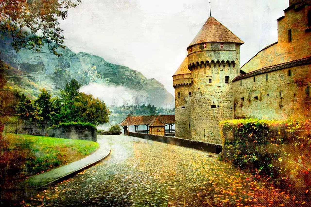 Фотообои в интерьере улочка ведущая в горы через замок  11-101 фото