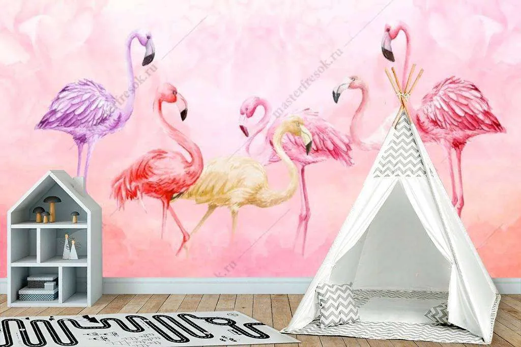Фотообои в интерьере фламинго на розовом фоне  12-1204 фото