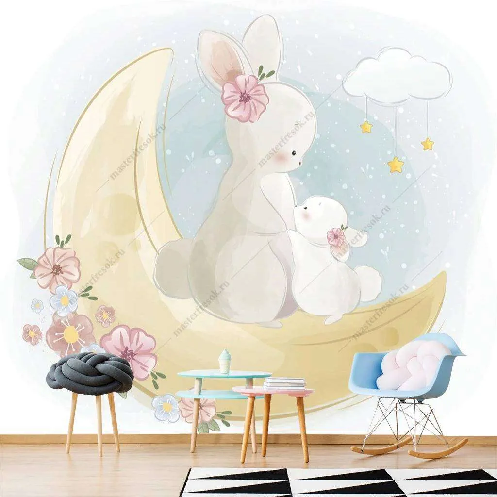 Фотообои в интерьере кролик с мамой на луне  12-456 фото