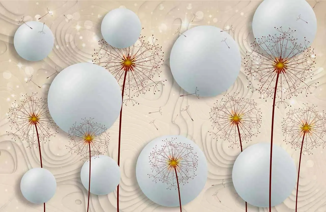 Фотообои в интерьере стереоскопические одуванчики с объемными шарами  7-476 фото