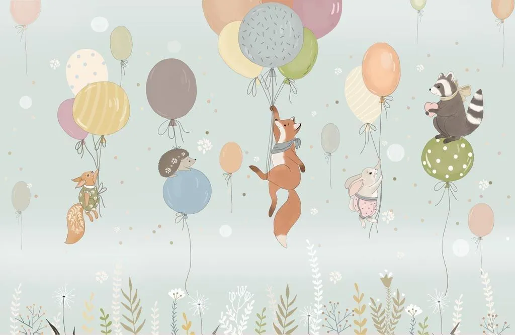 Фотообои в интерьере лисичка с друзьями на шариках  14-680 фото