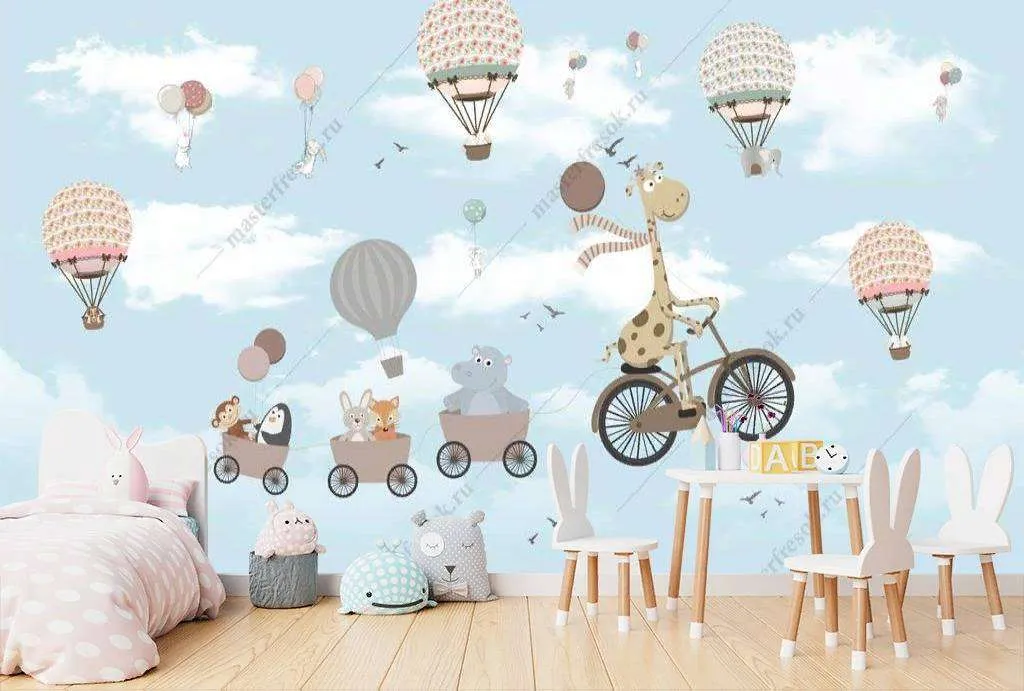 Фотообои в интерьере веселые зверята на велосипеде  12-1196 фото