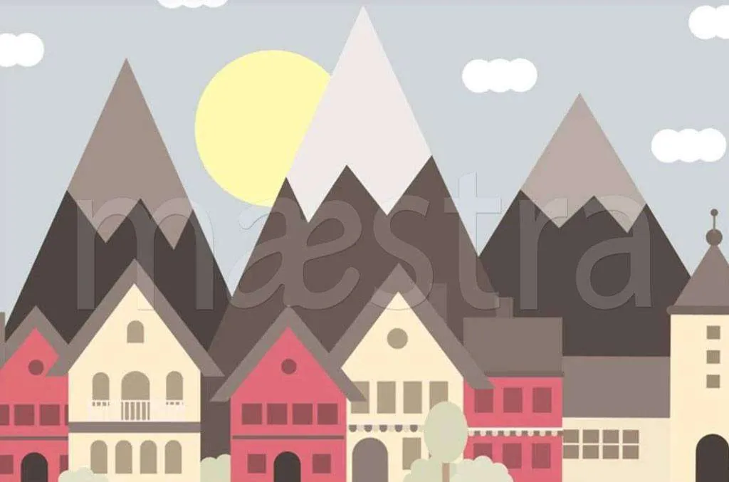 Фотообои в интерьере домики на фоне гор  15-169 фото