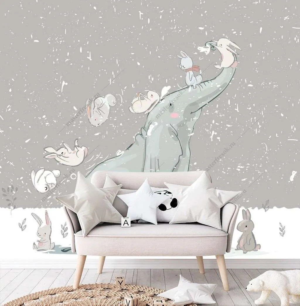 Фотообои в интерьере слоник и зайки  14-215 фото
