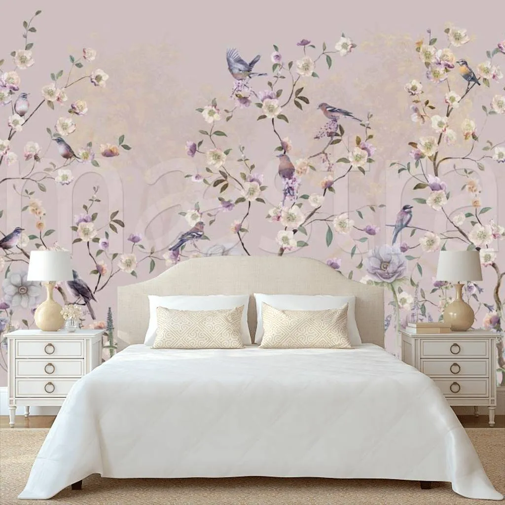 Фотообои в интерьере цветущие деревья с птицами  7-541 фото