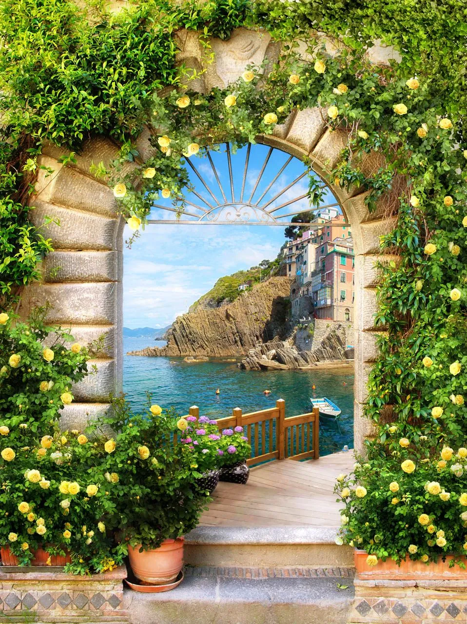 Фотообои в интерьере арка с видом на море и скалы  19-0122 фото