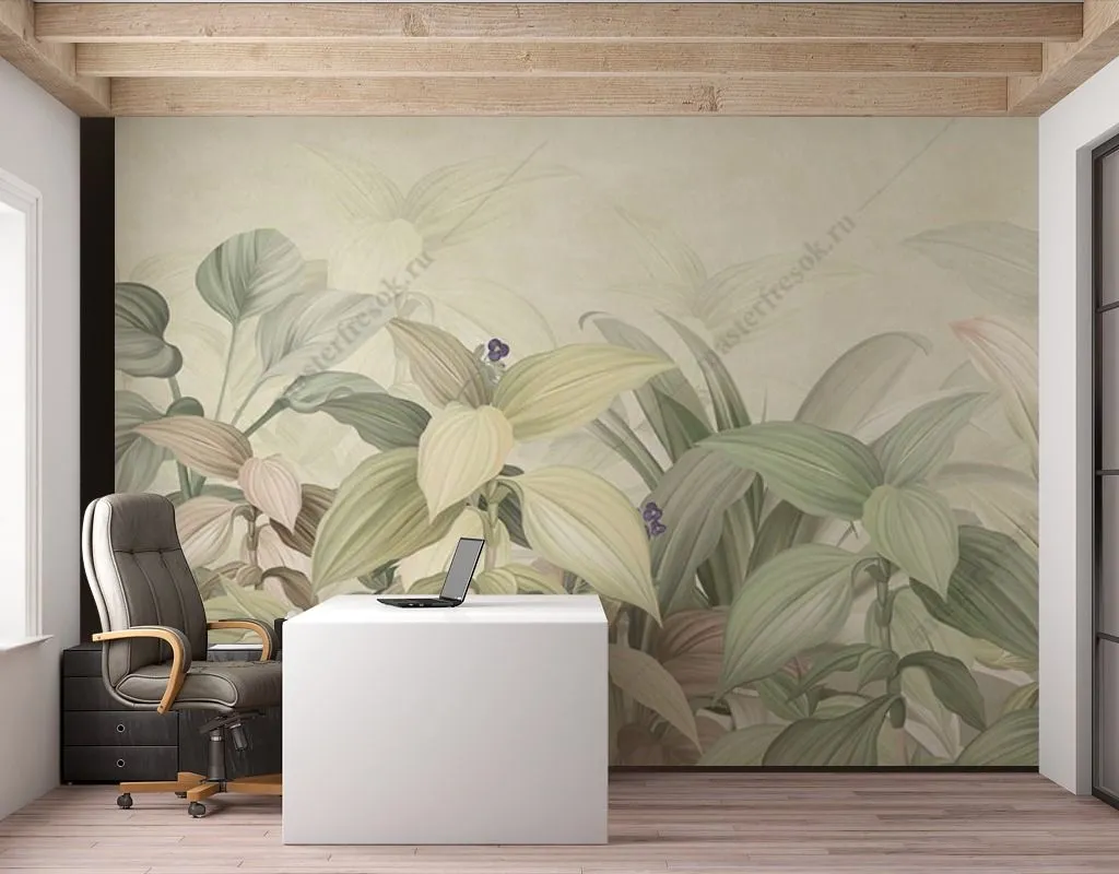 Фотообои в интерьере светлые тропические листья  9-1643 фото