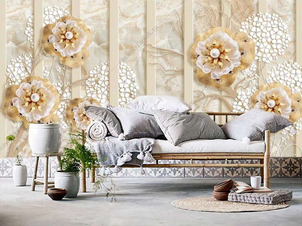 Фотообои в интерьере 3д золотое дерево с цветами  10-842 фото