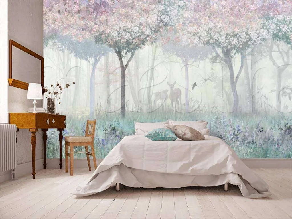 Фотообои Бесшовные обои на стену:  Лес с оленями. Артикул: 7-915  