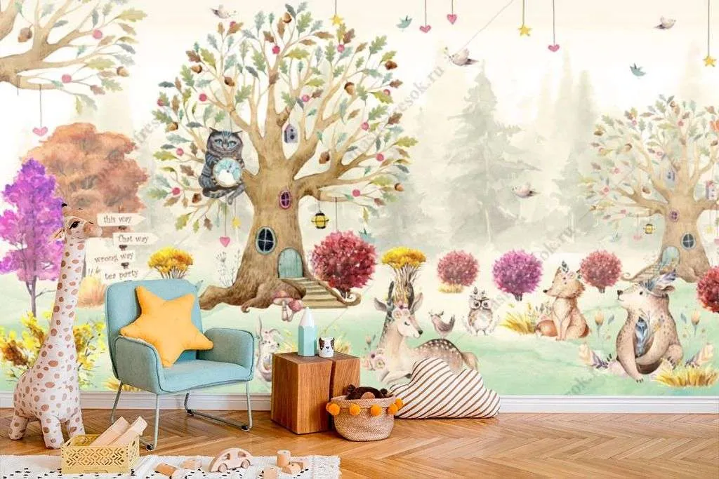 Фотообои в интерьере красочный лес с животными  14-254 фото