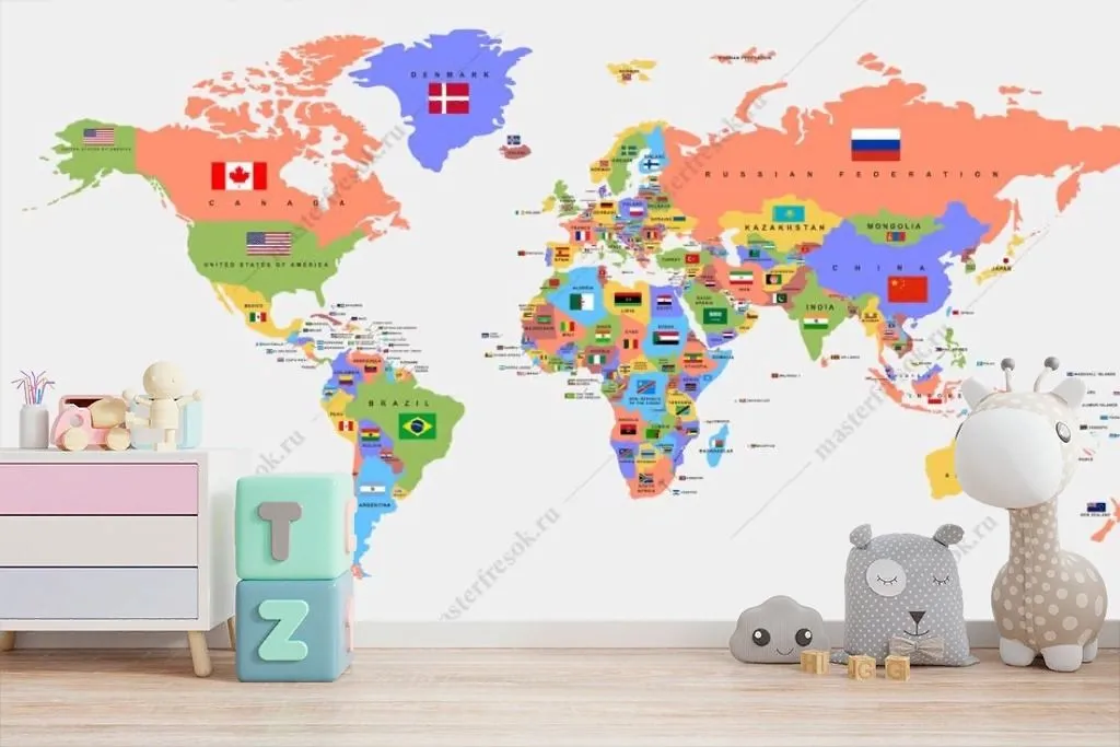 Фотообои в интерьере цветная политическая карта  14-586 фото