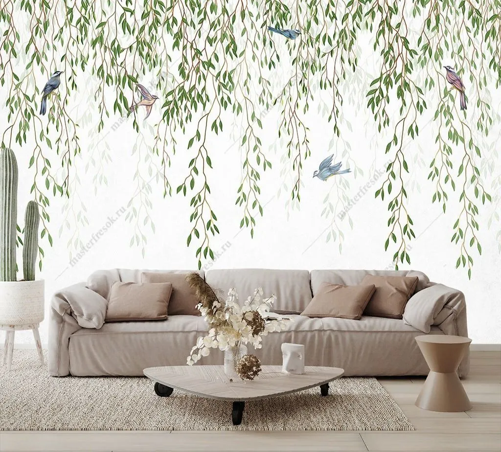 Фотообои в интерьере зеленые ветви ивы  9-1445 фото