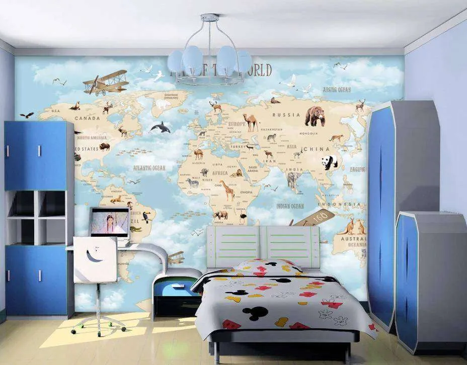 Фотообои в интерьере карта мира с животными и кораблями  15-093 фото