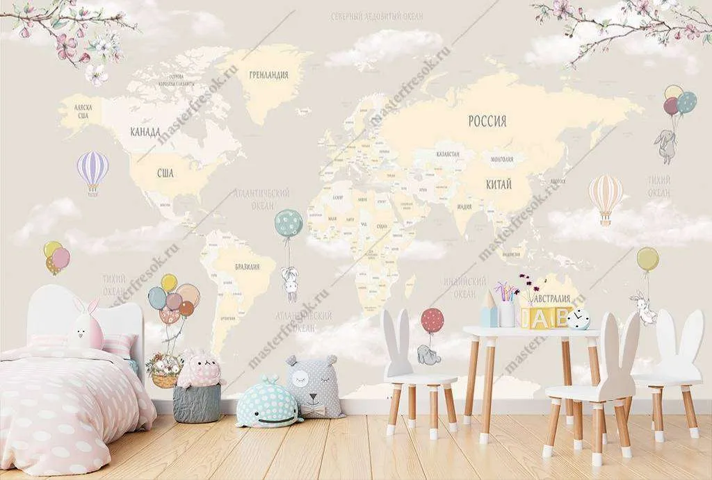Фотообои в интерьере карта мира с зайчиками  14-056 фото