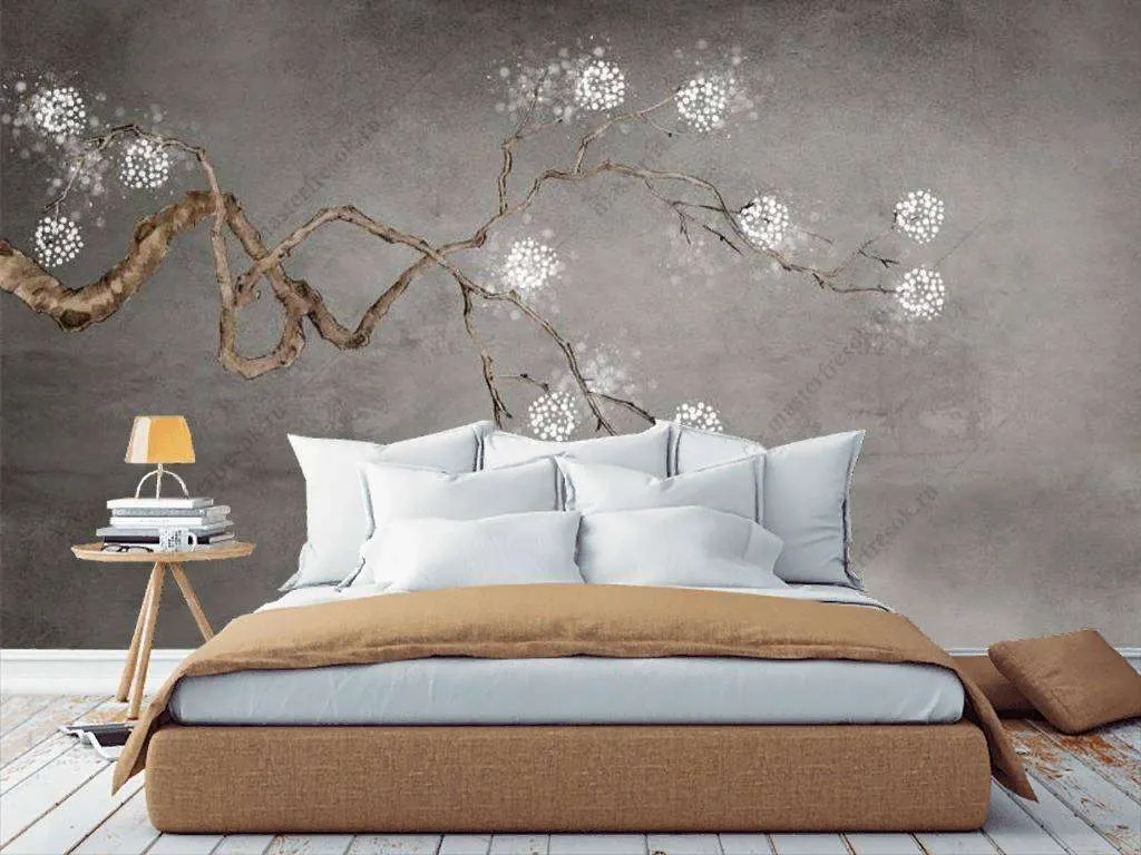 Фотообои в интерьере веточка с белыми цветами  15-897 фото