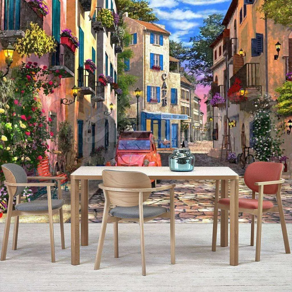 Фотообои в интерьере красное авто на старинной улочке  8-032 фото