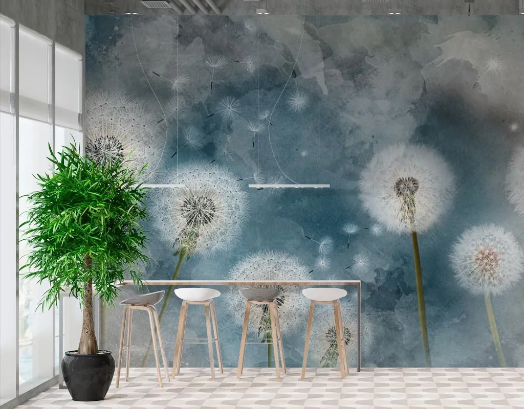 Фотообои в интерьере одуванчики на синем фоне  14-476 фото