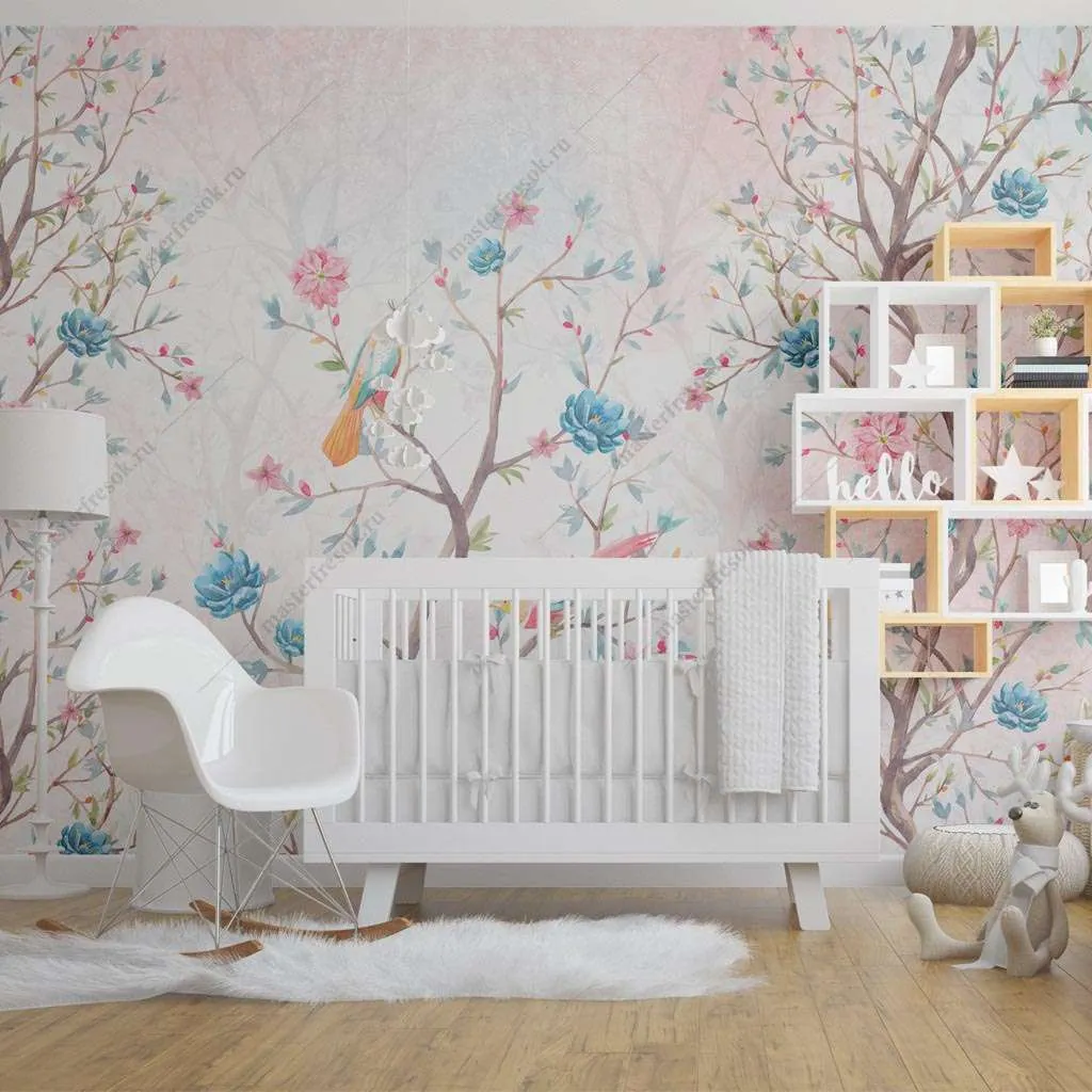 Фотообои в интерьере птицы на цветущем дереве  14-474 фото