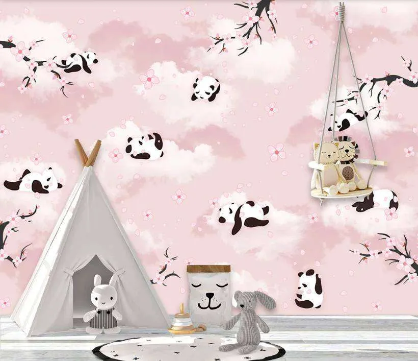Фотообои в интерьере панды в розовом небе  15-067 фото