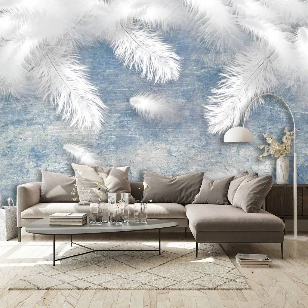 Фотообои в интерьере нежные перья на голубом фоне  10-850 фото