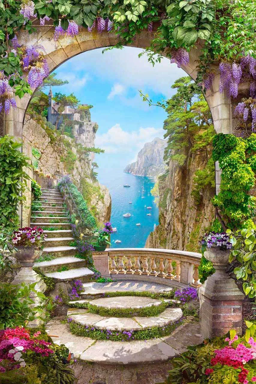 Фотообои в интерьере старая арка с лестницей с видом на залив  7-316 фото