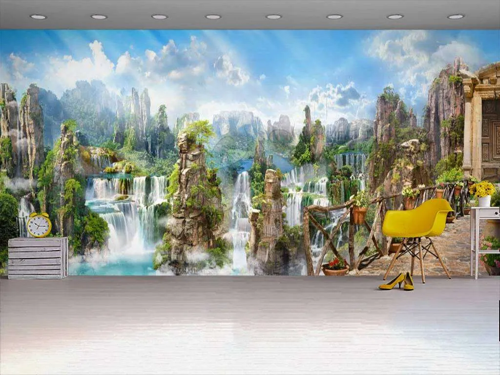 Фотообои в интерьере водопады в живописных горах  11-125 фото